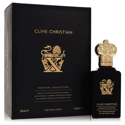 A clear glass perfume bottle with gold accents and a black cap, displayed on a white surface, labeled Clive Christian X Pure 