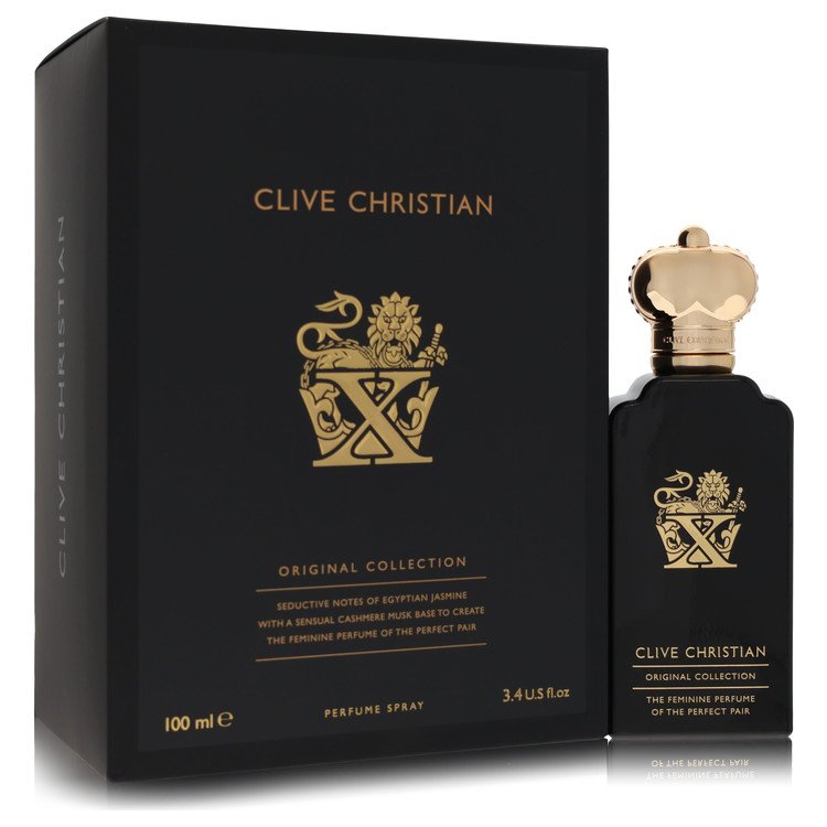 A clear glass perfume bottle with gold accents and a black cap, displayed on a white surface, labeled Clive Christian X Pure 