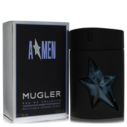 A black rubber flask with gold accents containing Angel by Thierry Mugler eau de toilette, 1.7 oz/50 ml, by The Fragrance Ave