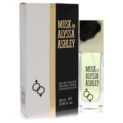 A white bottle of Alyssa Ashley Musk Eau De Toilette Spray for Women on a wooden surface, 3.4 oz / 100 ml by The Fragrance Av