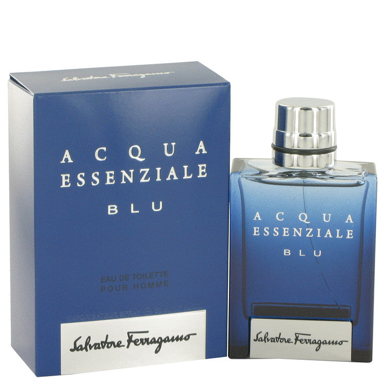 Blue glass bottle with white label and gold accents, front view of Salvatore Ferragamo Acqua Essenziale Blu Eau De Toilette S