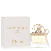 Chloe Love Story Eau de Parfum Spray in gold bottle with floral design, 1.7 oz / 50 ml, by The Fragrance Avenue.