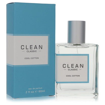 A clear glass bottle of Clean Cool Cotton Eau De Parfum Spray for Women in a white box, 1.7 oz/50 ml by The Fragrance Avenue.
