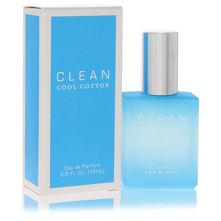 A clear glass bottle of Clean Cool Cotton Eau De Parfum Spray for Women in a white box, 1.7 oz/50 ml by The Fragrance Avenue.