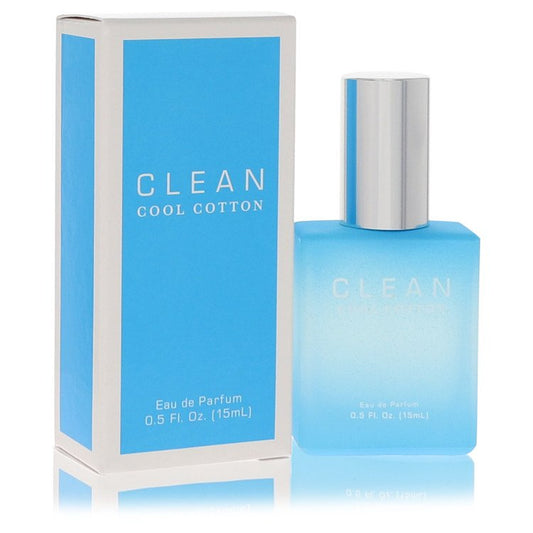 A clear glass bottle of Clean Cool Cotton Eau De Parfum Spray for Women in a white box, 1.7 oz/50 ml by The Fragrance Avenue.