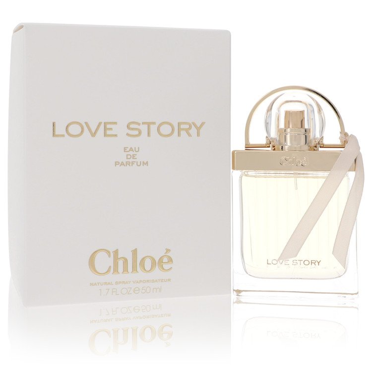 Chloe Love Story Eau de Parfum Spray in pink glass bottle with gold cap, 1.7 oz / 50 ml, standing on a white background by Th