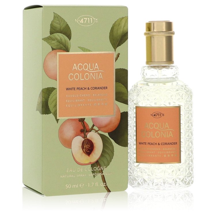 White peach and coriander eau de cologne in a clear glass bottle with white label by The Fragrance Avenue