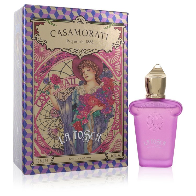 A golden bottle of Casamorati 1888 La Tosca by Xerjoff Eau de Parfum Spray for Women displayed on a white background.