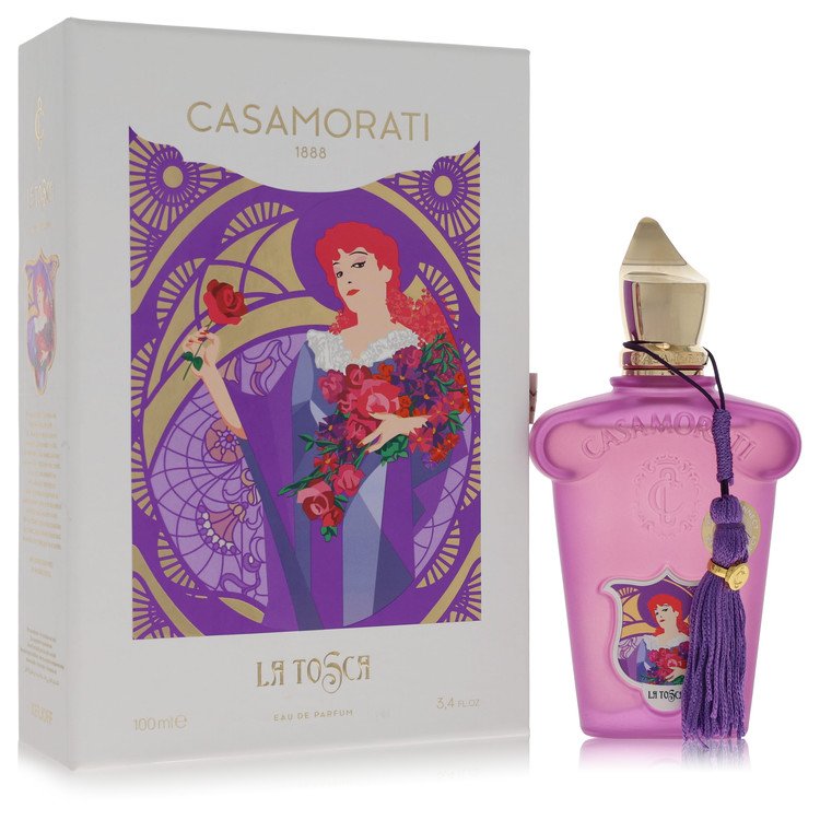 A golden bottle of Casamorati 1888 La Tosca by Xerjoff Eau de Parfum Spray for Women displayed on a white background.