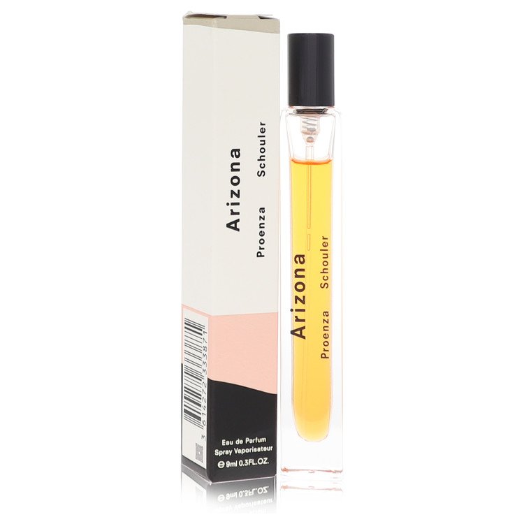 Blue glass bottle with silver cap sitting on a white surface, labeled Proenza Schouler Arizona Eau de Parfum Spray for Women 