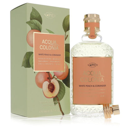 White peach and coriander eau de cologne in a clear glass bottle with white label by The Fragrance Avenue