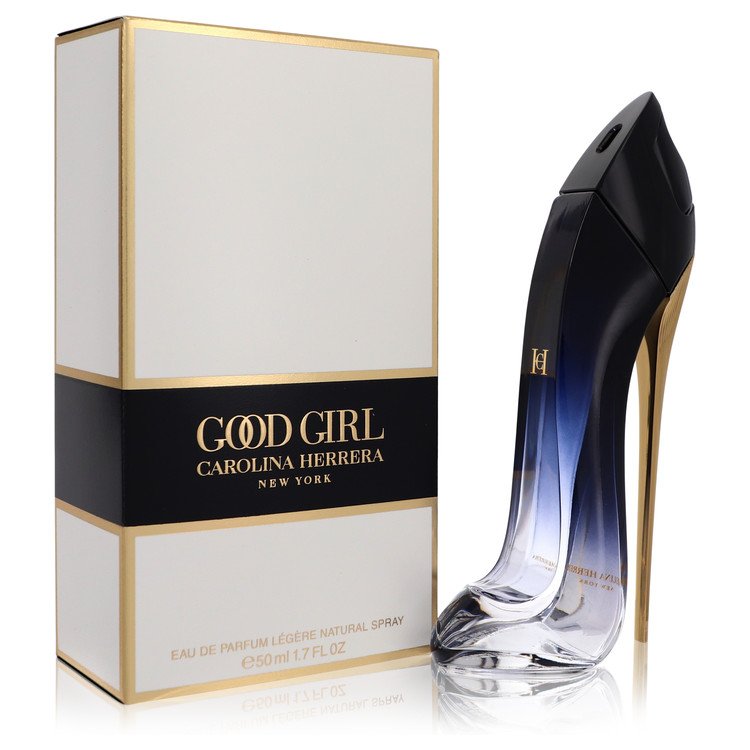 Black bottle with gold accents sitting on a white surface, featuring the Carolina Herrera logo, 1.7 oz eau de parfum spray fo