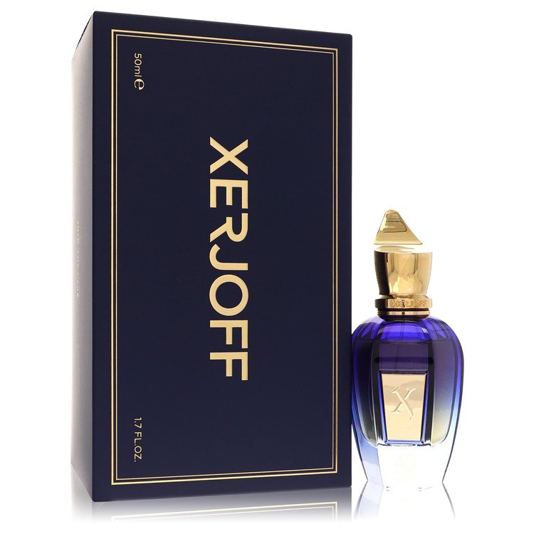 A clear glass bottle with a black cap and gold label labeled 40 Knots by Xerjoff, standing on a wooden surface.