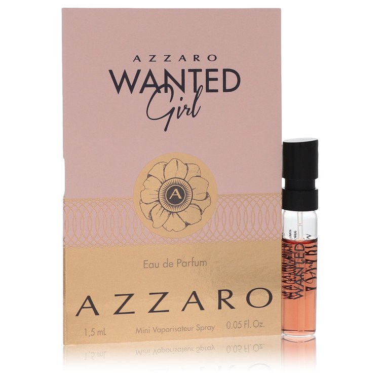 Azzaro Wanted Girl perfume sample in clear glass bottle with gold cap, 0.05 oz size, displayed on a white background by The F