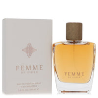 A clear glass perfume bottle with a pink cap and gold accents, labeled Usher Femme by Usher, displayed on a white background.