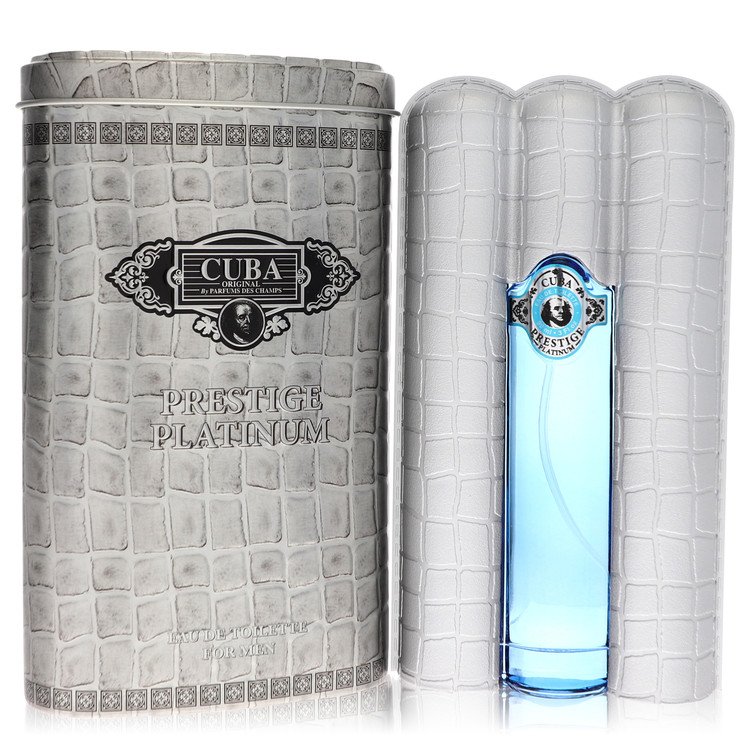 Blue glass bottle with gold accents, front view of Cuba Prestige Platinum by Fragluxe Eau de Toilette Spray for Men 3.4 oz / 