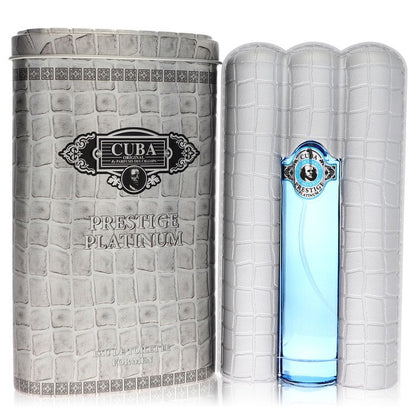Blue glass bottle with gold accents, front view of Cuba Prestige Platinum by Fragluxe Eau de Toilette Spray for Men 3.4 oz / 