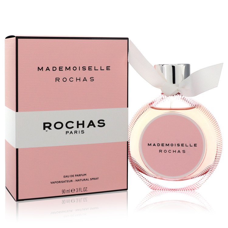 Blue glass perfume bottle with gold details on a white background, Mademoiselle Rochas Eau De Parfum Spray 3 oz by The Fragra