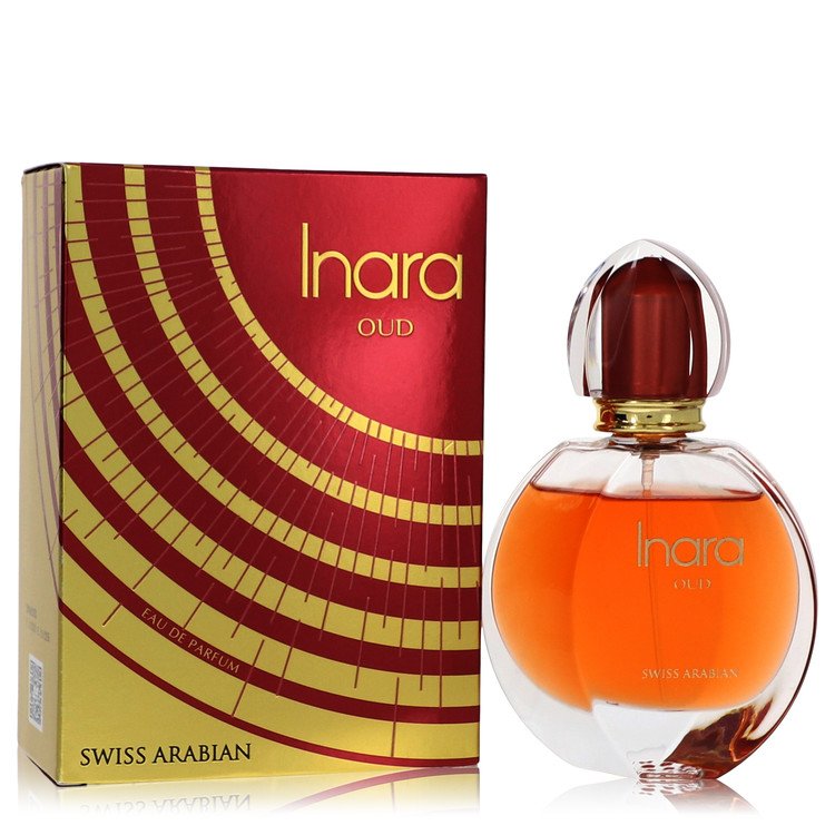 A clear glass perfume bottle with gold accents and a black cap, labeled Inara Oud Eau De Parfum by The Fragrance Avenue.