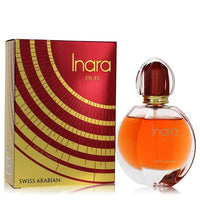 A clear glass perfume bottle with gold accents and a black cap, labeled Inara Oud Eau De Parfum by The Fragrance Avenue.