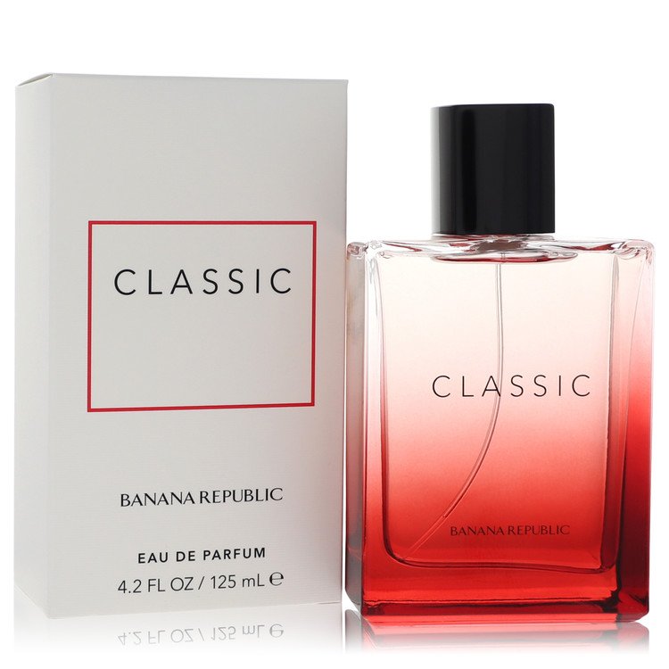 A red glass bottle of Banana Republic Classic Red Unisex Eau de Parfum Spray 4.2 oz by The Fragrance Avenue