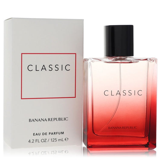 A red glass bottle of Banana Republic Classic Red Unisex Eau de Parfum Spray 4.2 oz by The Fragrance Avenue