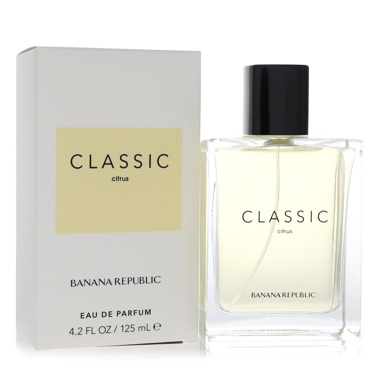 A clear glass perfume bottle with a gold cap and white label featuring the words "Classic Citrus" by The Fragrance Avenue.