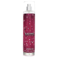 A clear glass bottle of Paris Hilton Electrify Fragrance Mist for Women with a silver cap, displayed on a white background by