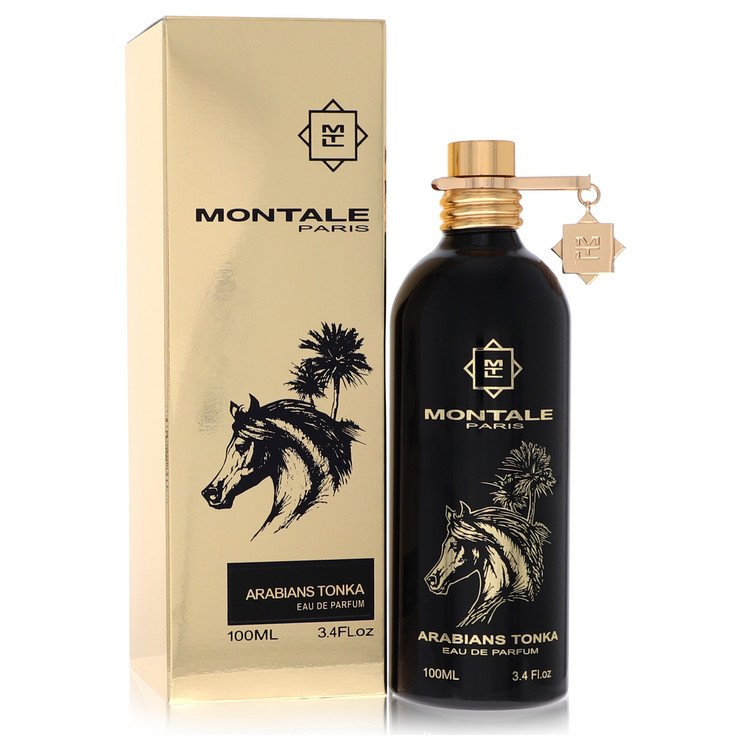 A brown glass bottle of Montale Arabians Tonka Eau De Parfum Spray 3.4 oz / 100 ml for Women by The Fragrance Avenue