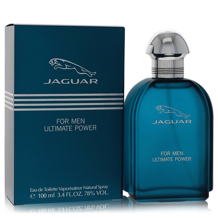 Blue glass bottle of Jaguar Ultimate Power Eau de Toilette Spray for Men 3.4 oz / 100 ml displayed on a wooden surface by The