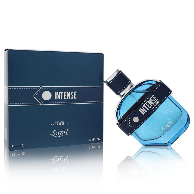 Dark blue bottle of Sapil Intense Eau de Toilette Spray for Men on a white background by The Fragrance Avenue.