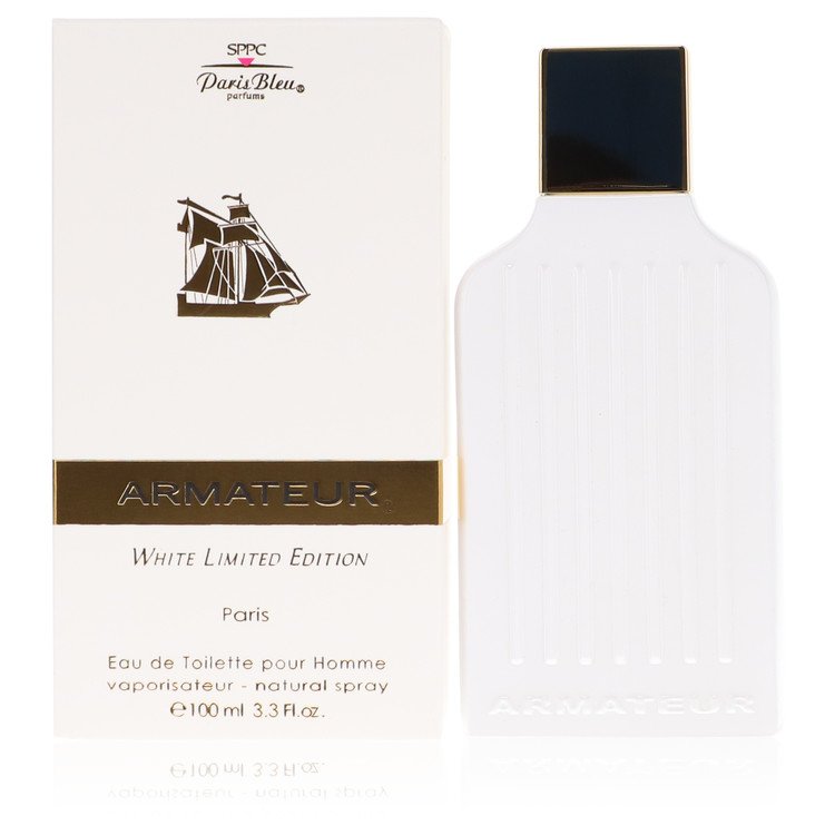 A white eau de toilette spray bottle with a blue label and gold accents, standing on a wooden surface, by The Fragrance Avenu
