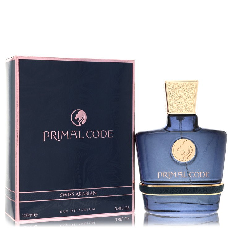 Blue glass bottle with black label and gold accents, Swiss Arabian Primal Code Eau De Parfum Spray for Men 3.4 oz / 100 ml by