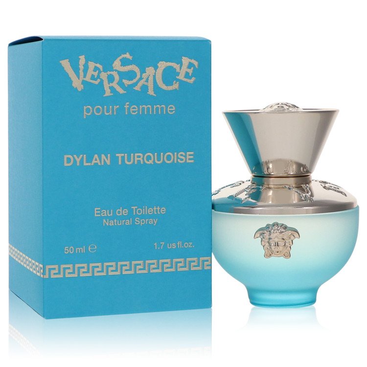 Blue and gold bottle of Versace Pour Femme Dylan Turquoise Eau de Toilette Spray 1.7 oz / 50 ml for Women by The Fragrance Av