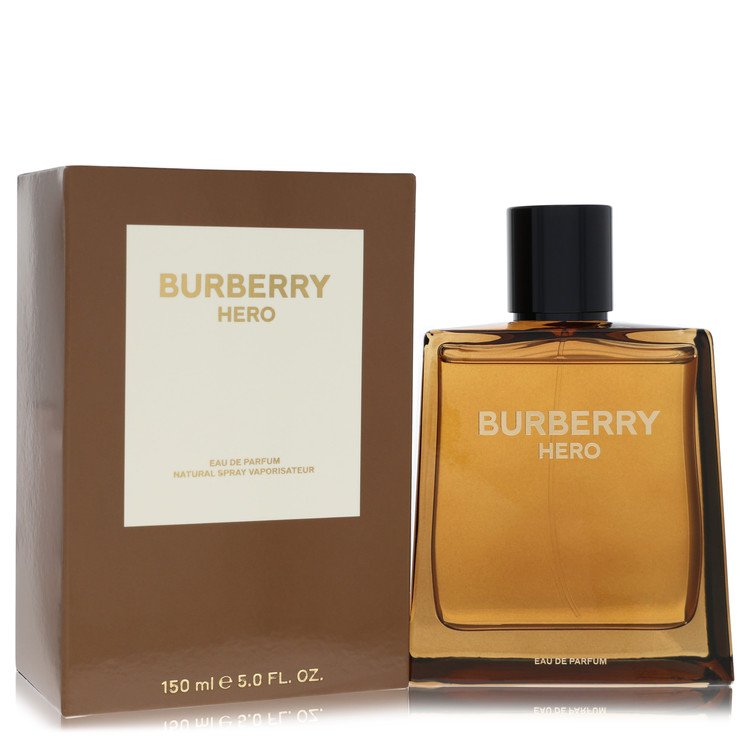 Burberry Hero Eau de Parfum Spray for Men in gold bottle with black cap on white background by The Fragrance Avenue.