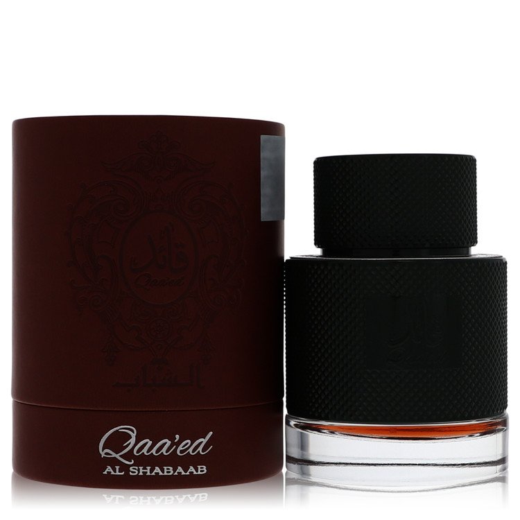 A clear glass bottle with a black cap and gold accents, labeled Lattafa Qaaed Al Shabaab Unisex Eau De Parfum Spray 3.4 oz / 