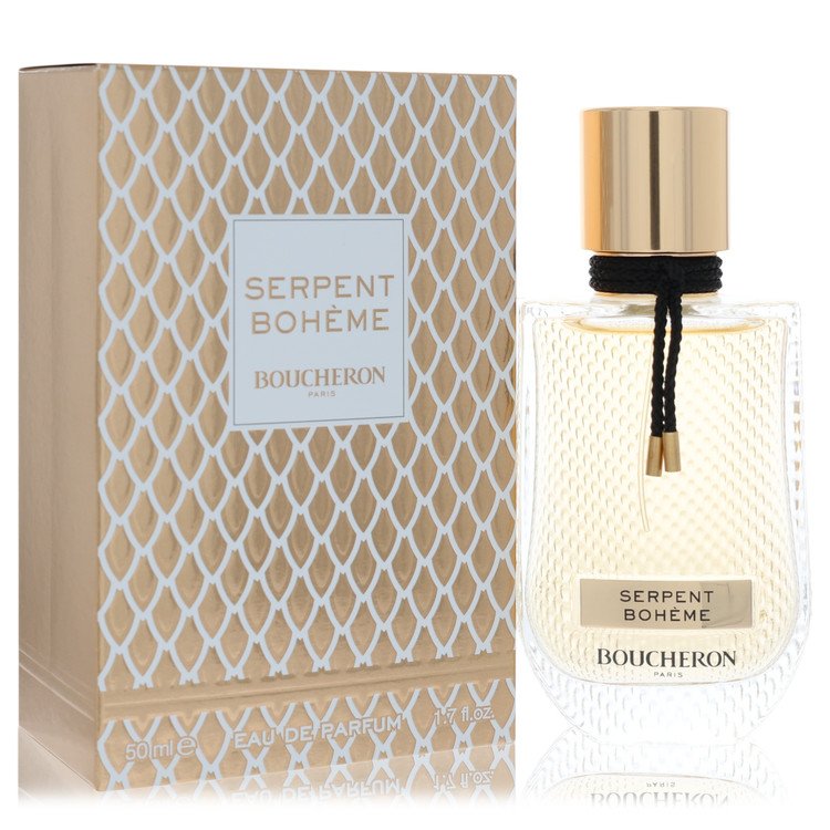 A golden perfume bottle with a snake-shaped cap displayed on a white background by The Fragrance Avenue.