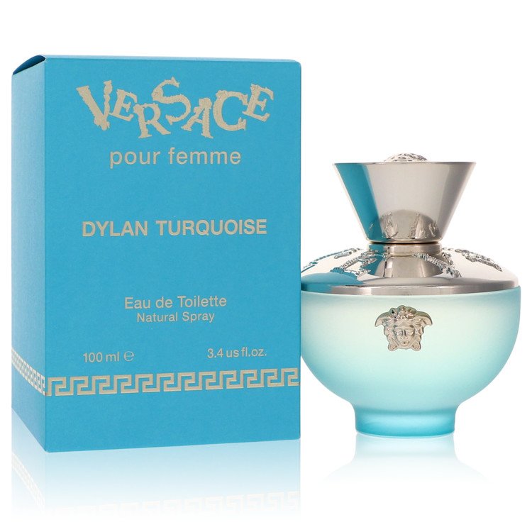 Blue turquoise bottle of Versace Pour Femme Dylan Eau de Toilette Spray 3.4 oz for women by The Fragrance Avenue.