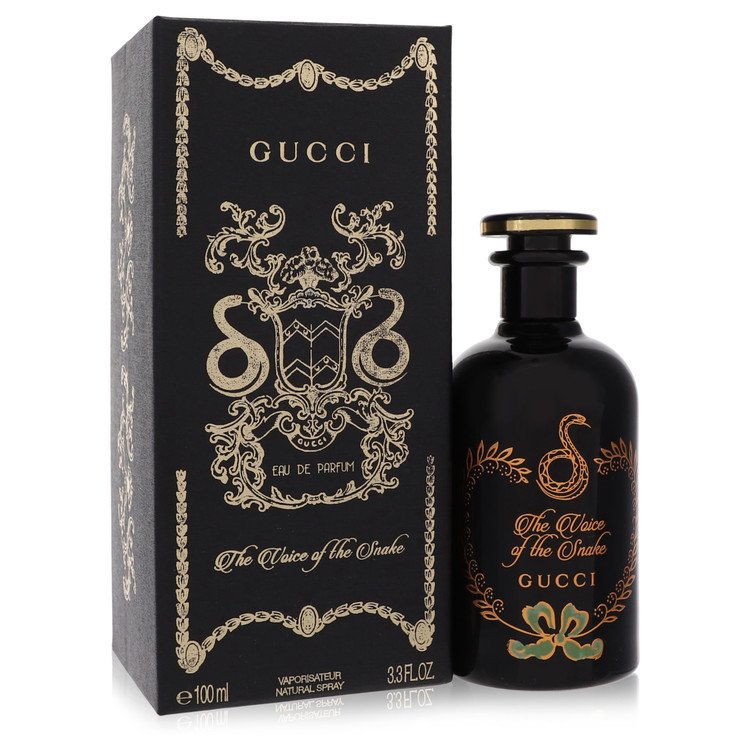 Gucci The Voice of the Snake Eau de Parfum Spray in gold bottle with snake motif on white background by The Fragrance Avenue.