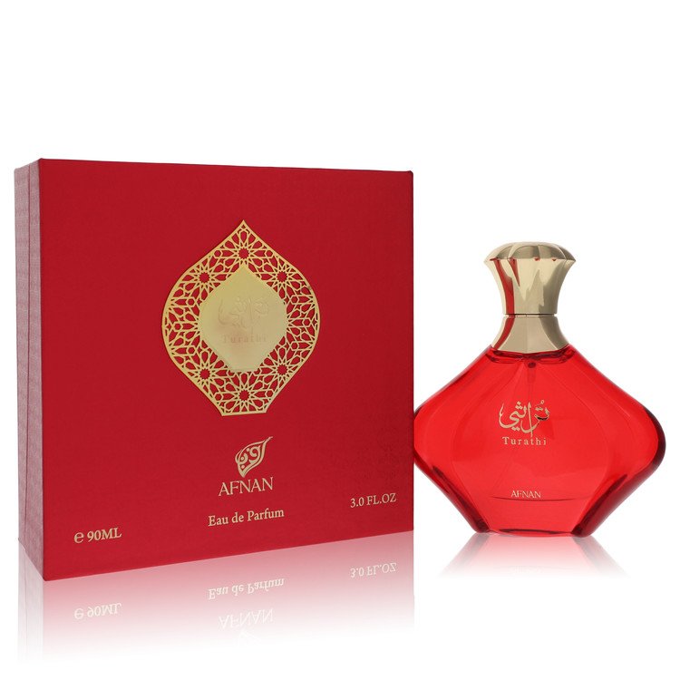 Afnan Turathi red eau de parfum spray in glass bottle with gold cap, 3 oz / 90 ml, by The Fragrance Avenue.