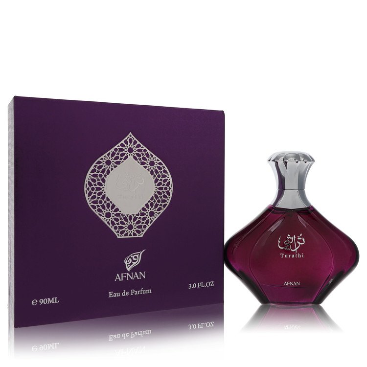 Purple glass bottle of Afnan Turathi Eau de Parfum Spray for Women with gold label on white background by The Fragrance Avenu