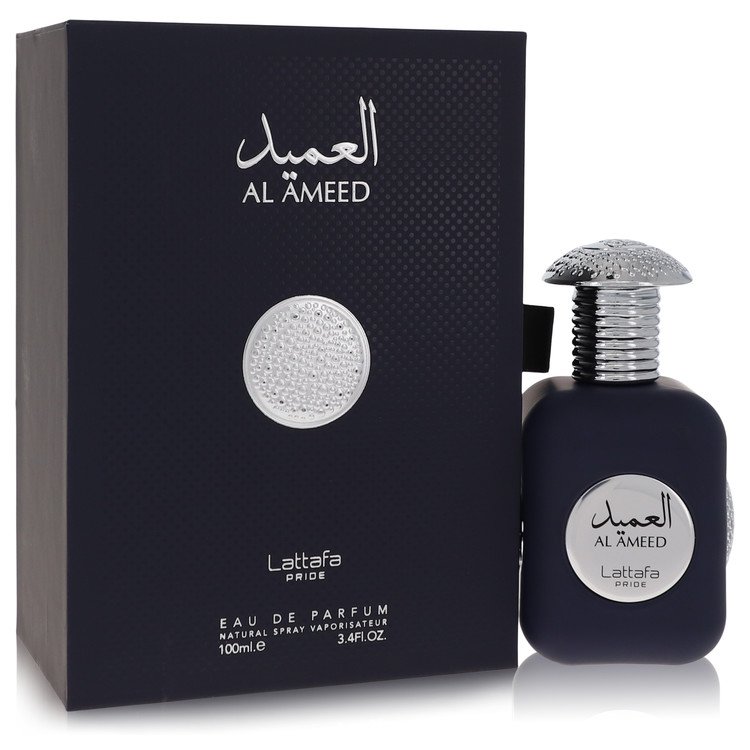 A clear glass bottle with gold accents and a white label reading "Pride Al Ameed" by The Fragrance Avenue.