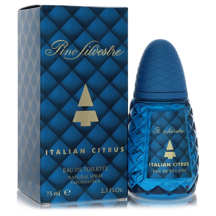A clear glass bottle of Pino Silvestre Eau de Toilette with an Italian citrus scent, displayed on a wooden surface by The Fra