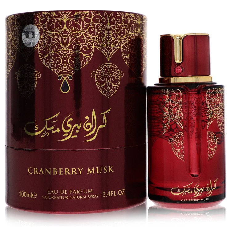 Cranberry musk eau de parfum in sleek gold bottle with white label, 3.4 oz by The Fragrance Avenue