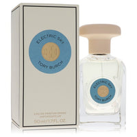 Tory Burch Electric Sky perfume bottle in silver and black with a clear glass bottle on a white background by The Fragrance A