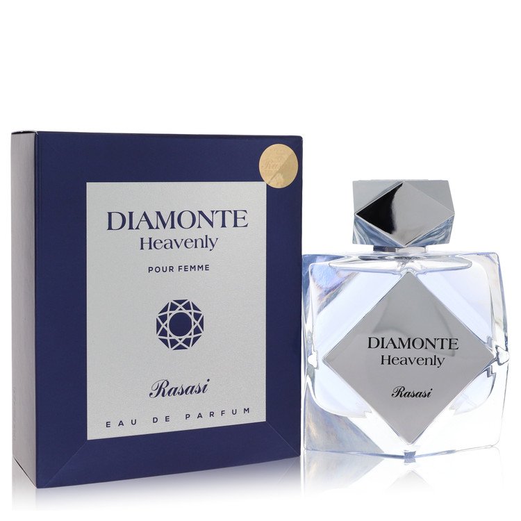 A clear glass bottle with gold accents and a white label featuring the name Diamonte on a light blue background, 3.3 oz eau d