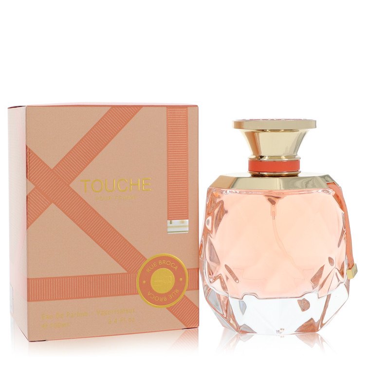 A clear glass perfume bottle with a gold cap and black label, labeled "Rue Broca Eau De Parfum" by The Fragrance Avenue.