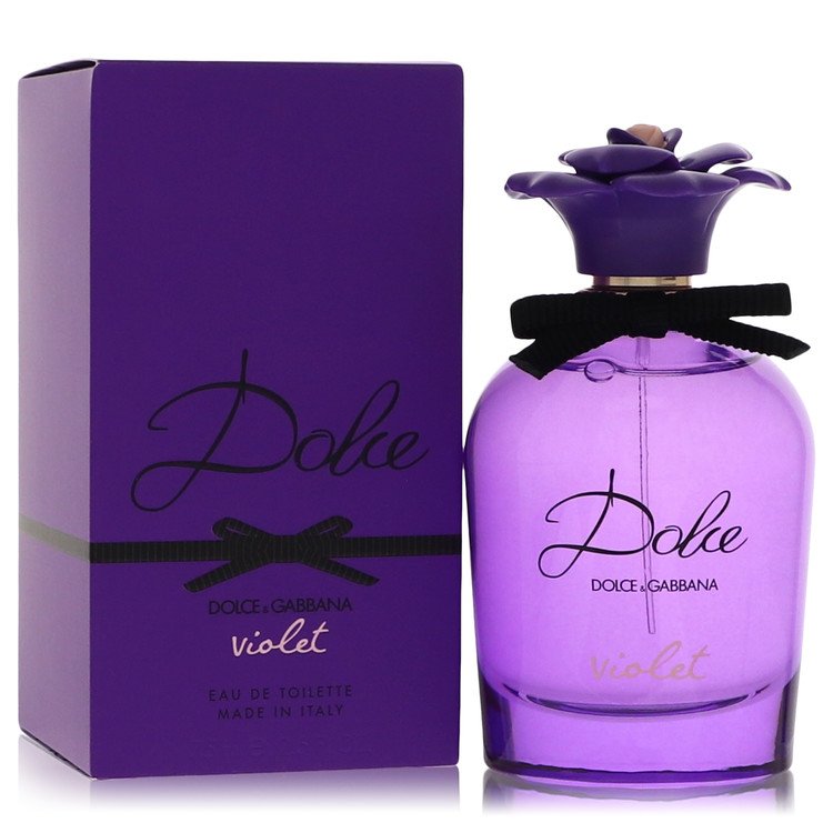 A clear glass bottle of Dolce & Gabbana Dolce Violet Eau de Toilette with a purple label and gold accents, 2.5 oz by The Frag