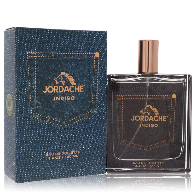 Blue glass bottle of Jordache Indigo Eau De Toilette Spray 3.4 oz / 100 ml for Men by The Fragrance Avenue.