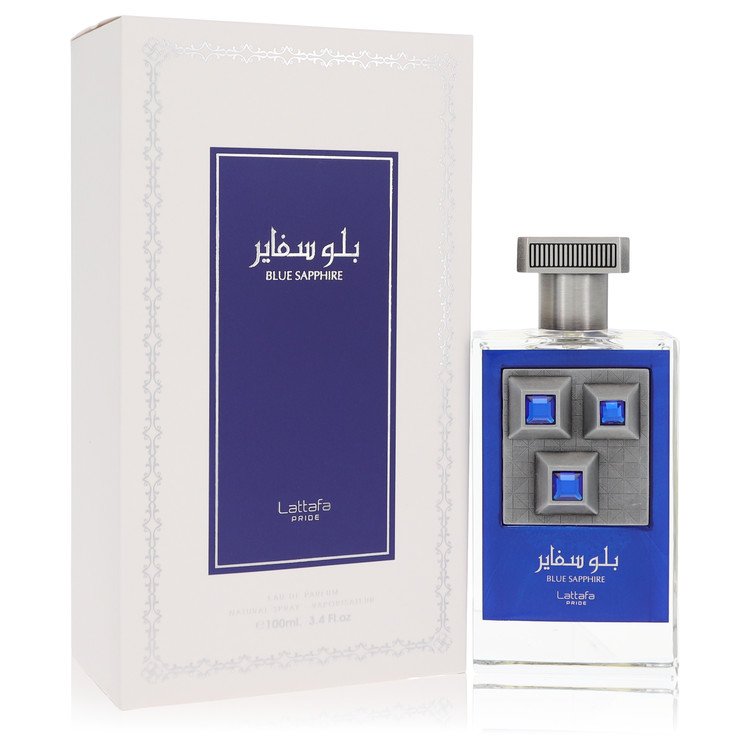 Blue glass bottle with silver cap, clear label reading "Pride Blue Sapphire," standing on white background by The Fragrance A